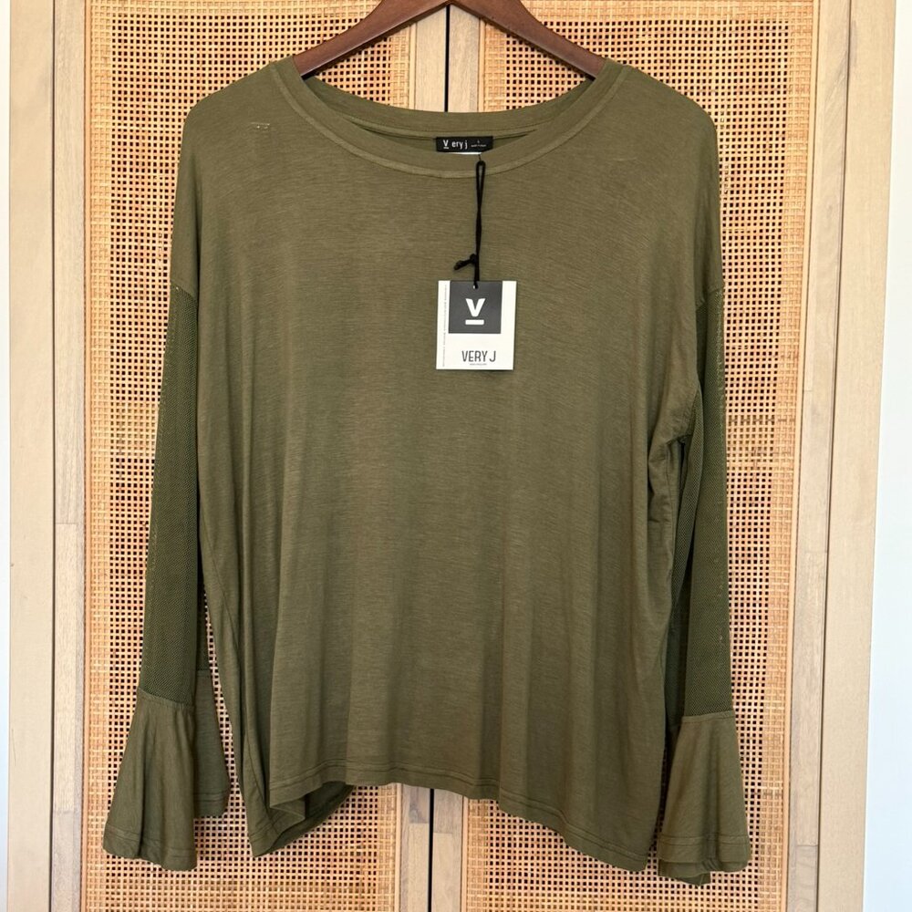 Very J Mesh Bell Sleeve Olive Green Long Sleeve Top, Size Large, NWT